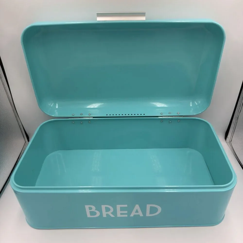 Turquoise Metal Bread Box Hinged Lid Retro Farmhouse Kitchen Storage 16.5”